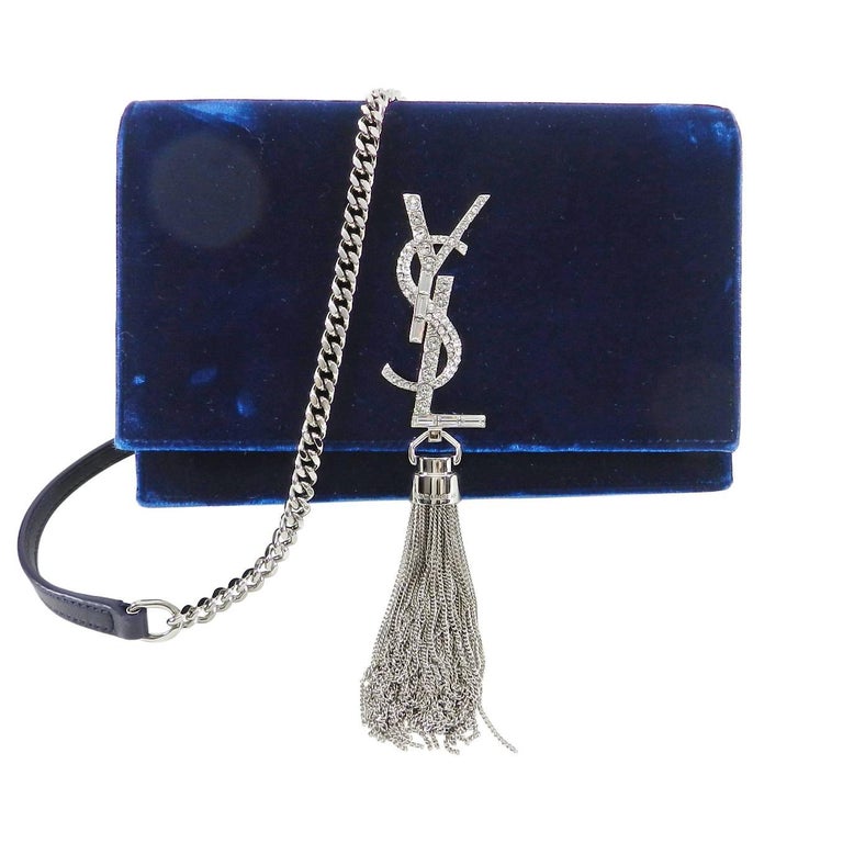 Saint Laurent Kate Tassel Blue Velvet and Rhinestone Crossbody Bag at