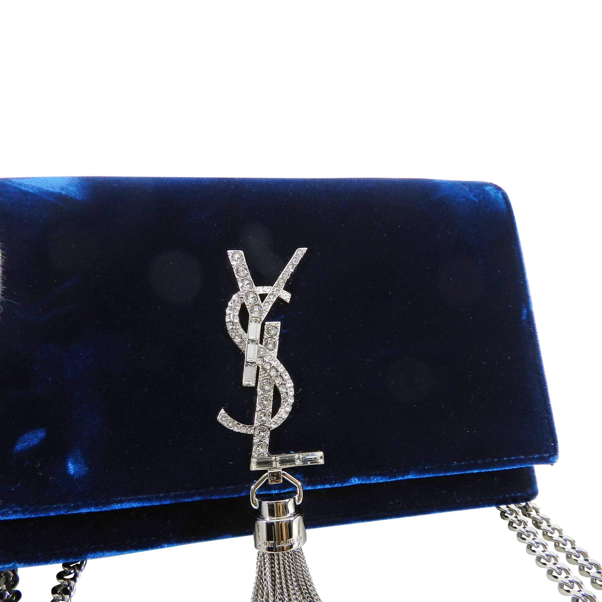 Saint Laurent Kate Tassel Blue Velvet and Rhinestone Crossbody Bag In Excellent Condition In Toronto, ON