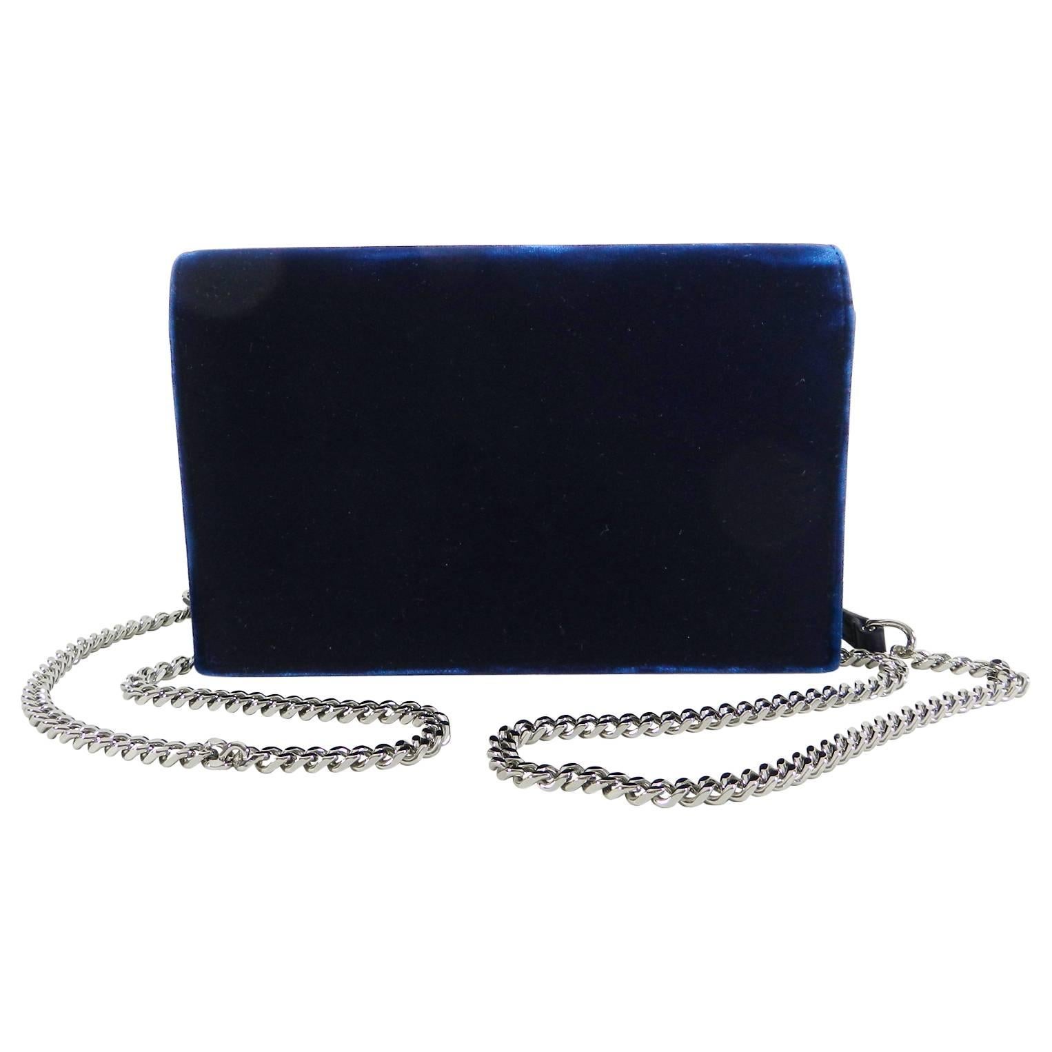 Women's Saint Laurent Kate Tassel Blue Velvet and Rhinestone Crossbody Bag