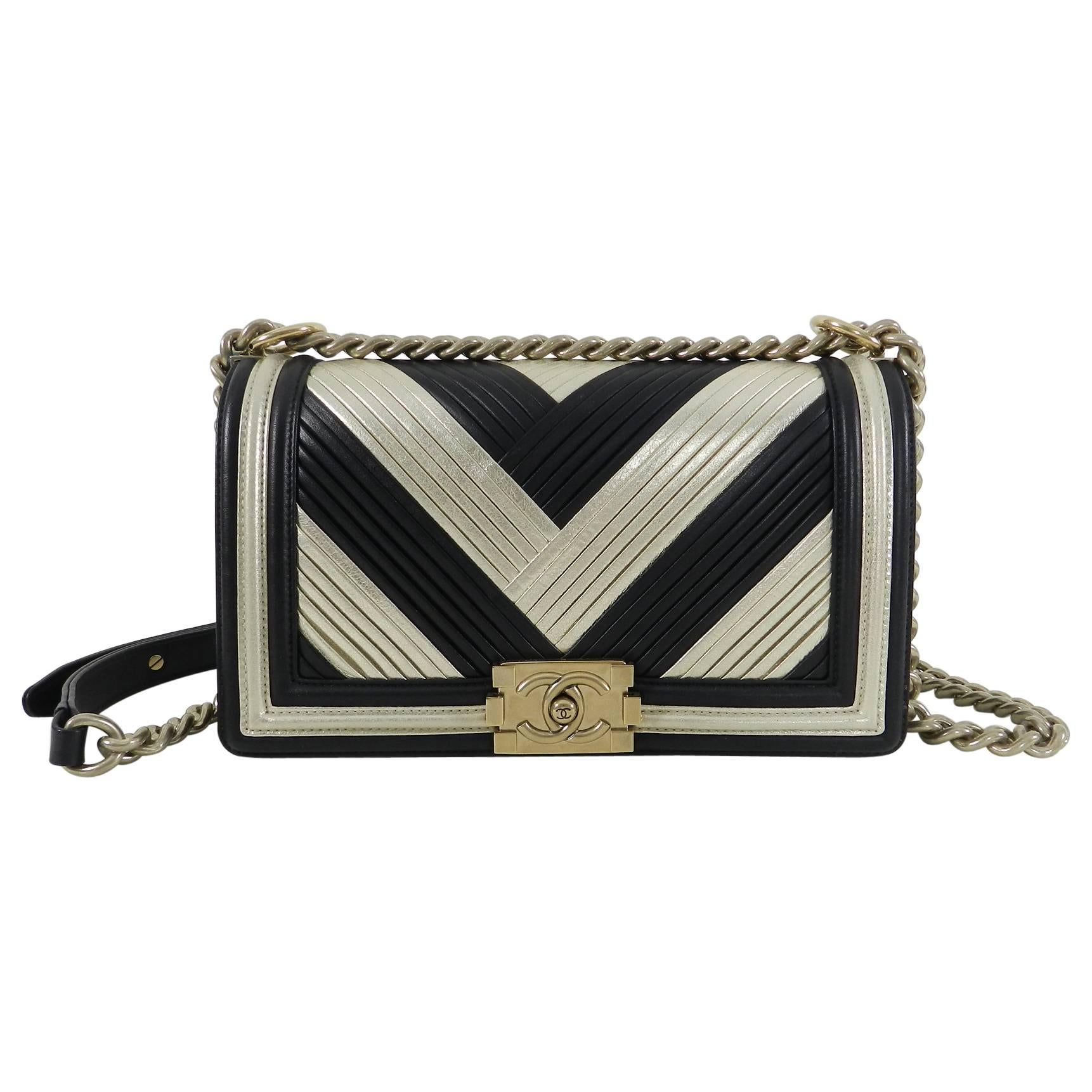 Chanel 16A Le Boy in Rome Medium Black and Gold Chevron Bag