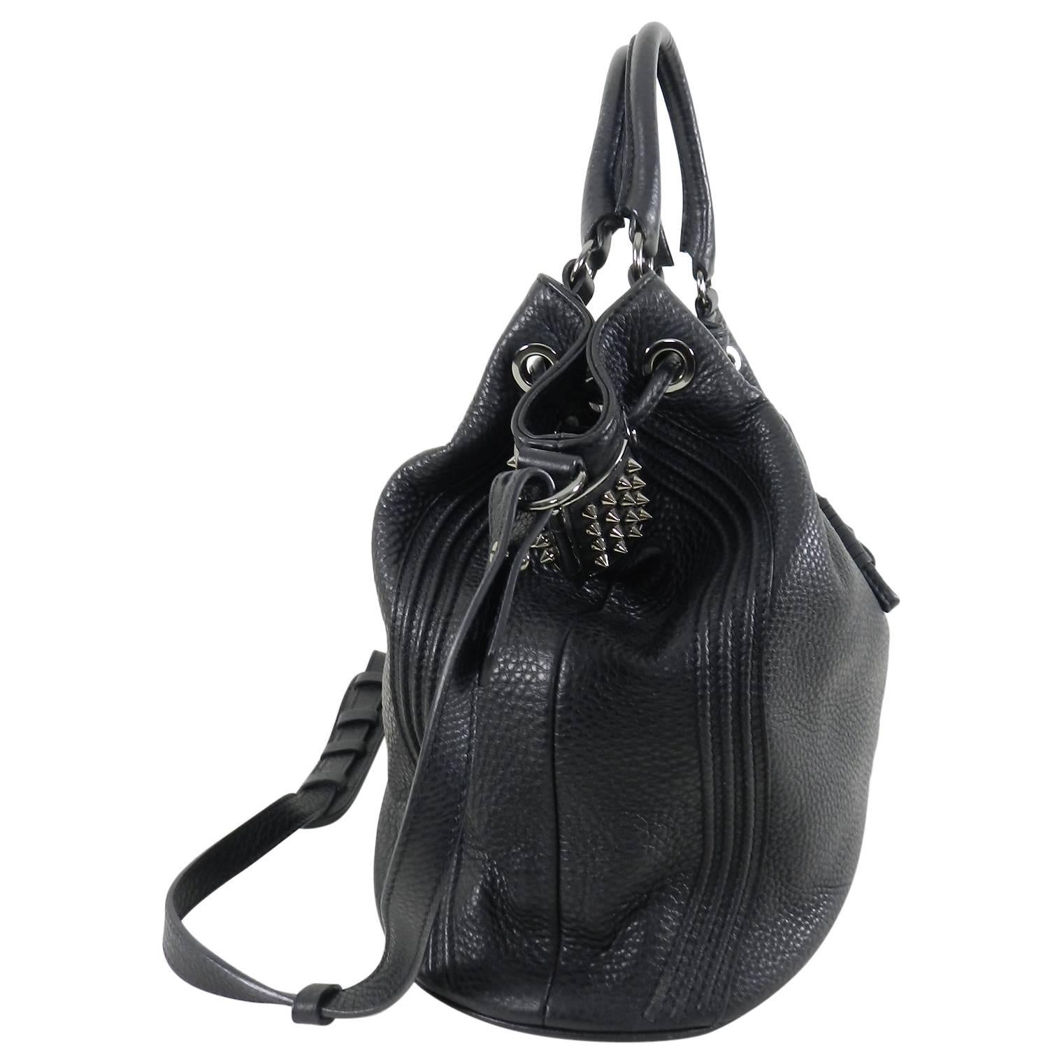 Christian Louboutin Black Leather Drawstring Studded Bag In Excellent Condition In Toronto, ON