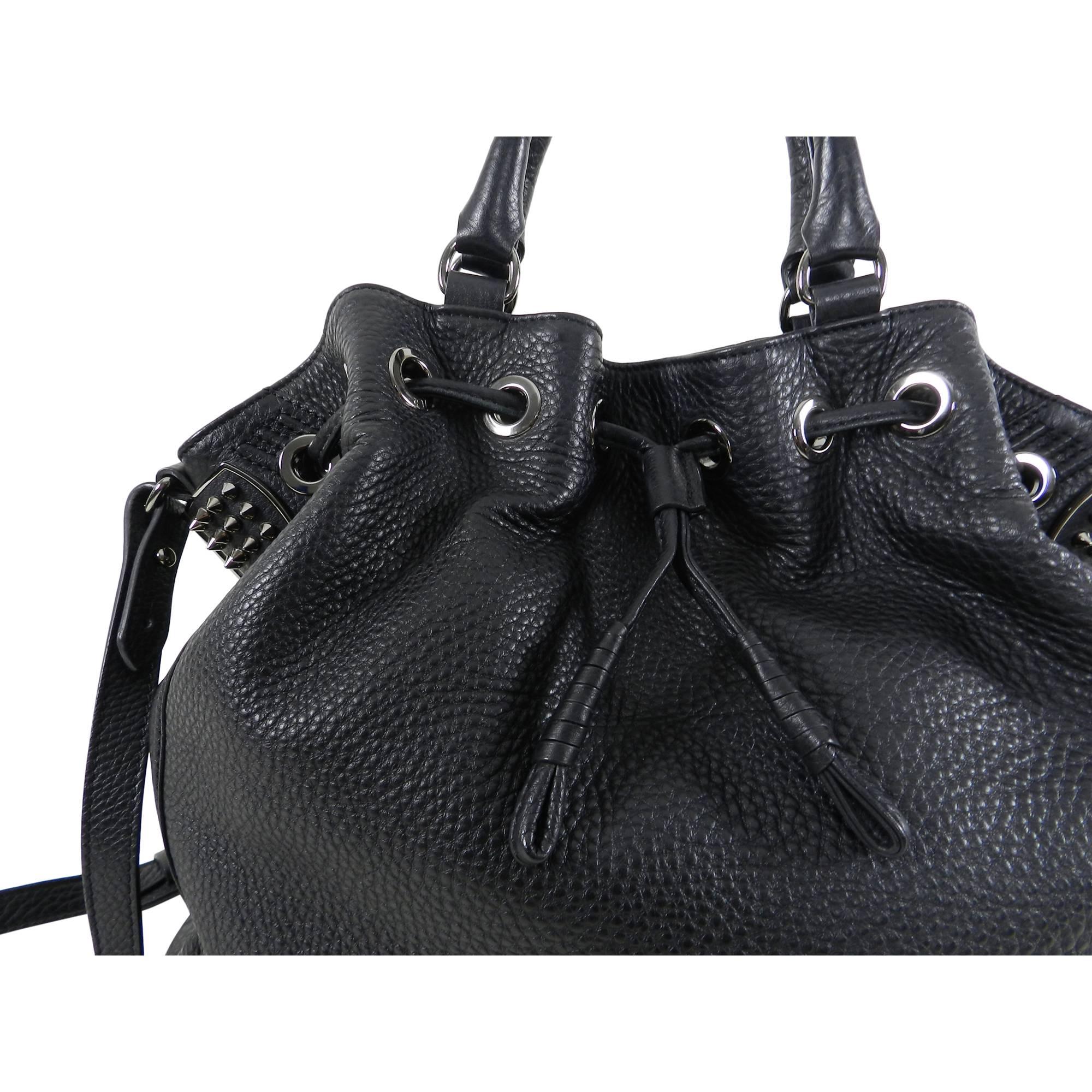Women's Christian Louboutin Black Leather Drawstring Studded Bag