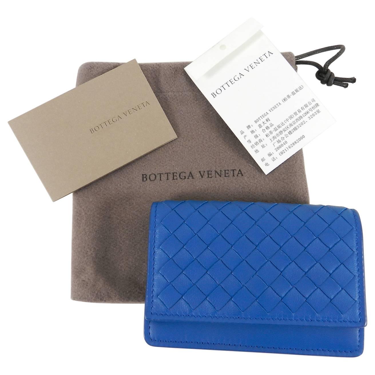 Bottega Veneta Blue Intrecciato Nappa Leather Snap Wallet / Card Case.  Brand new unused without tags.  Includes leather care card, product tag, duster.  Measures 4.5 x 3 x 0.5”