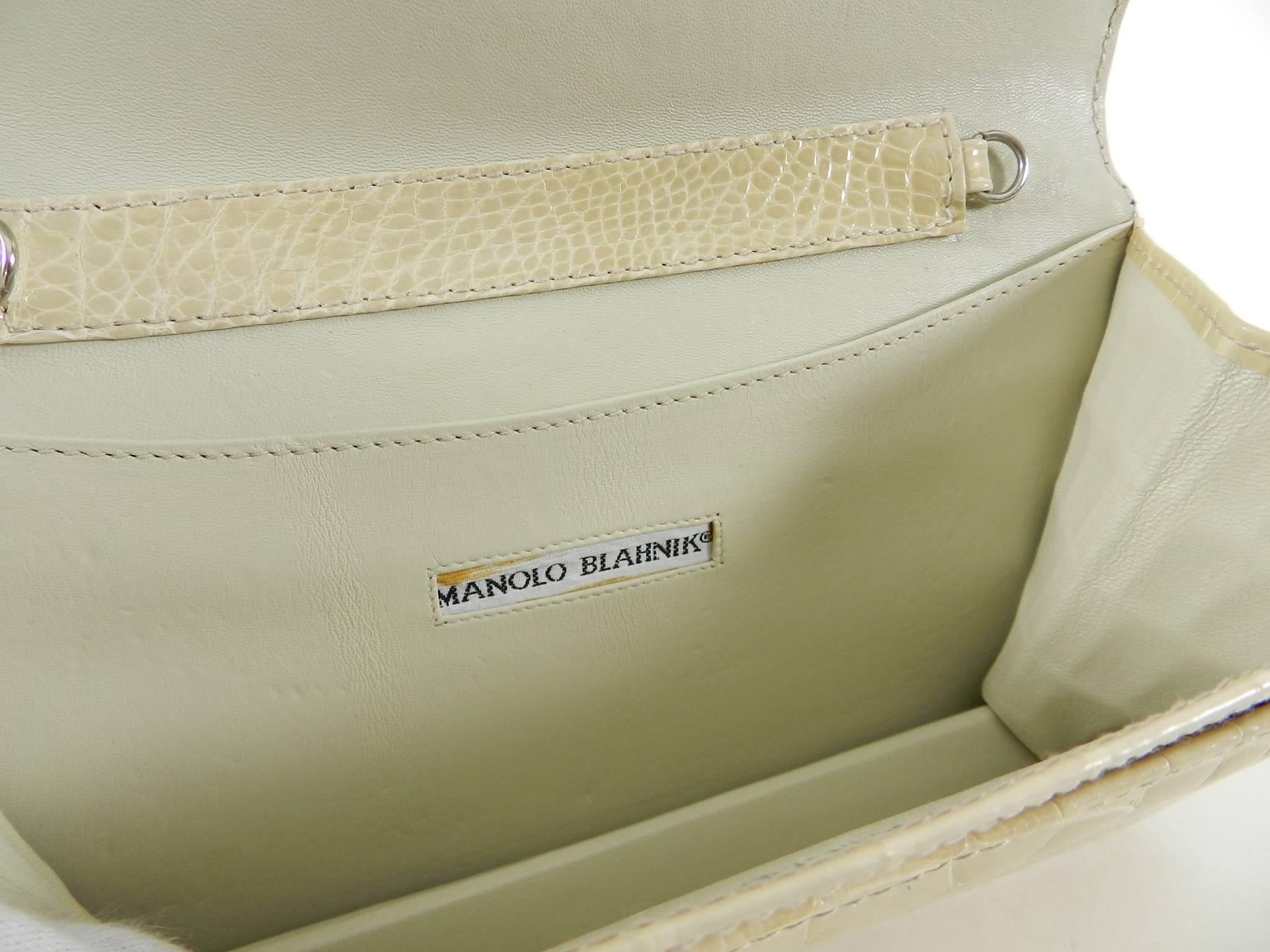 Manolo Blahnik Buttermilk Crocodile Clutch Bag with Strap In Excellent Condition In Toronto, ON