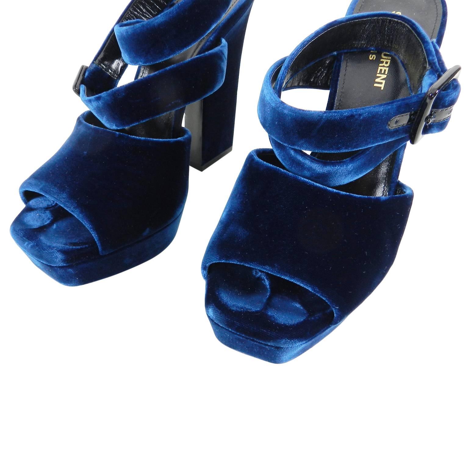 Black Saint Laurent Blue Velvet Debbie Platform Sandals - 39.5
