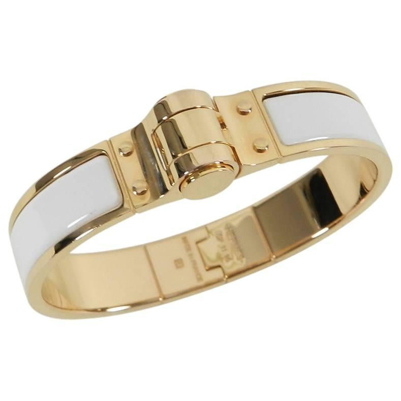 Hermes Charniere Uni Hinge Bracelet, White Enamel / Rose Gold PM