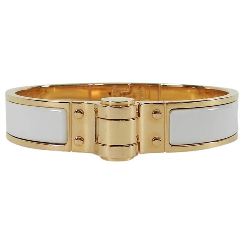 Hermes Charniere Uni Hinge Bracelet, White Enamel / Rose Gold PM In Excellent Condition In Toronto, ON