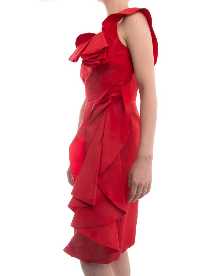 Oscar de la Renta Red Tafetta Ruffled Cocktail Dress - 6 at 1stDibs