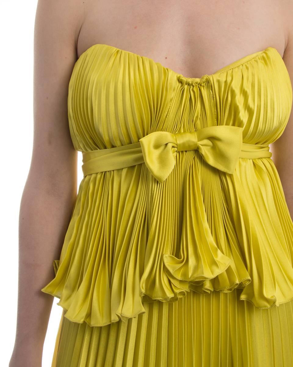 Women's Badgley Mischka Couture Chartreuse Yellow Strapless Pleated Dress - 4