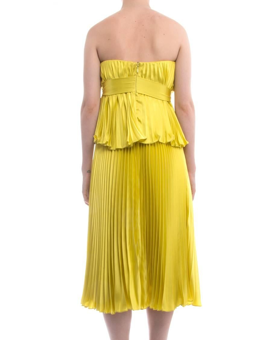 Badgley Mischka Couture Chartreuse Yellow Strapless Pleated Dress - 4 1