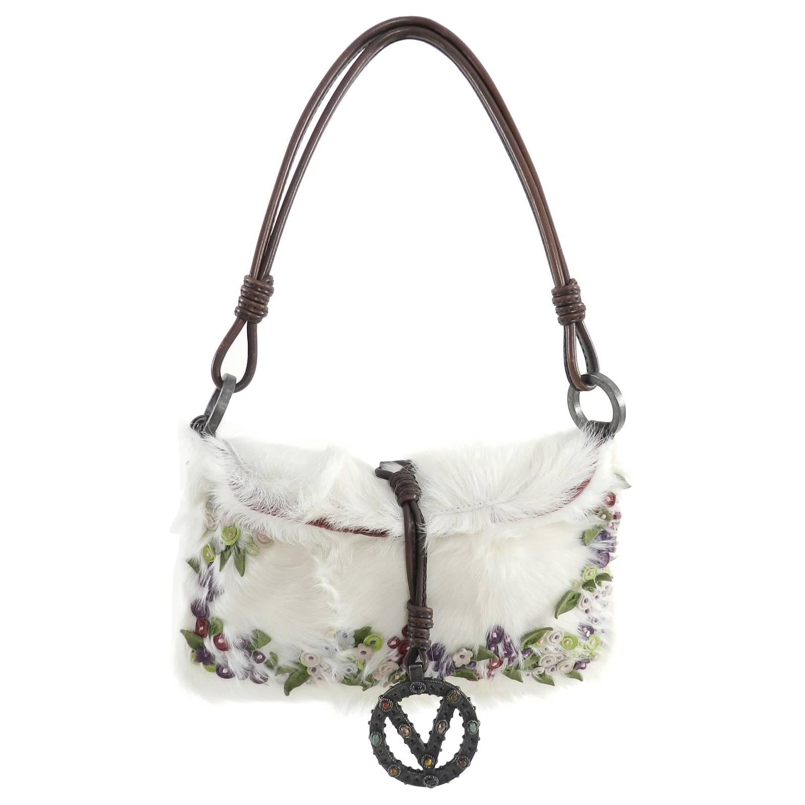 Valentino White fur Bag with Suede Flowers