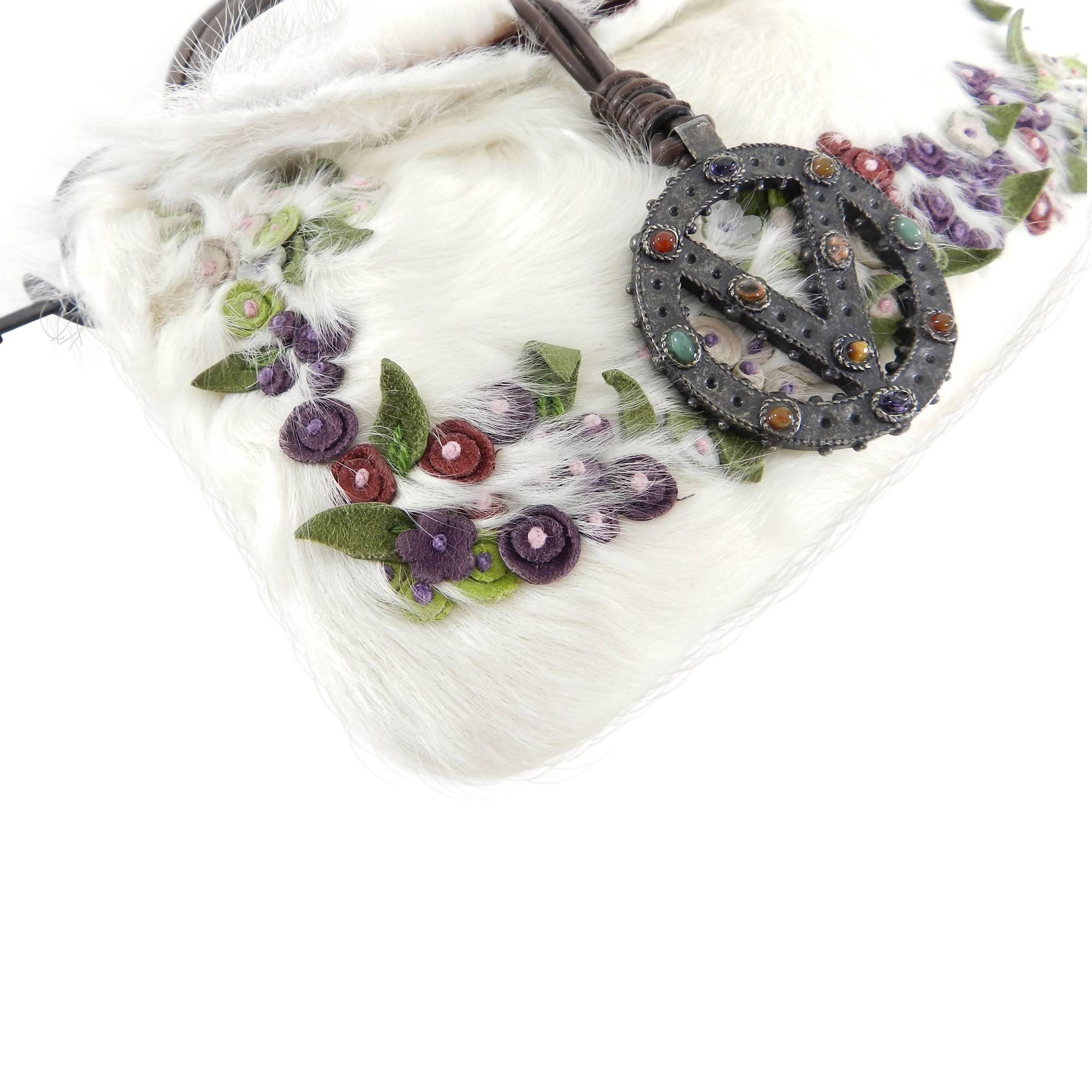 Gray Valentino White fur Bag with Suede Flowers