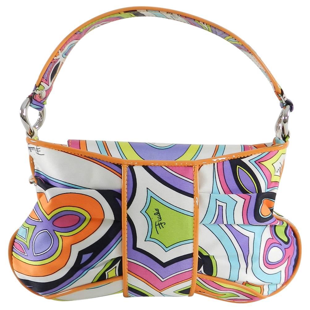Beige Emilio Pucci Silk Evening Bag with Jewelled Logo Charm