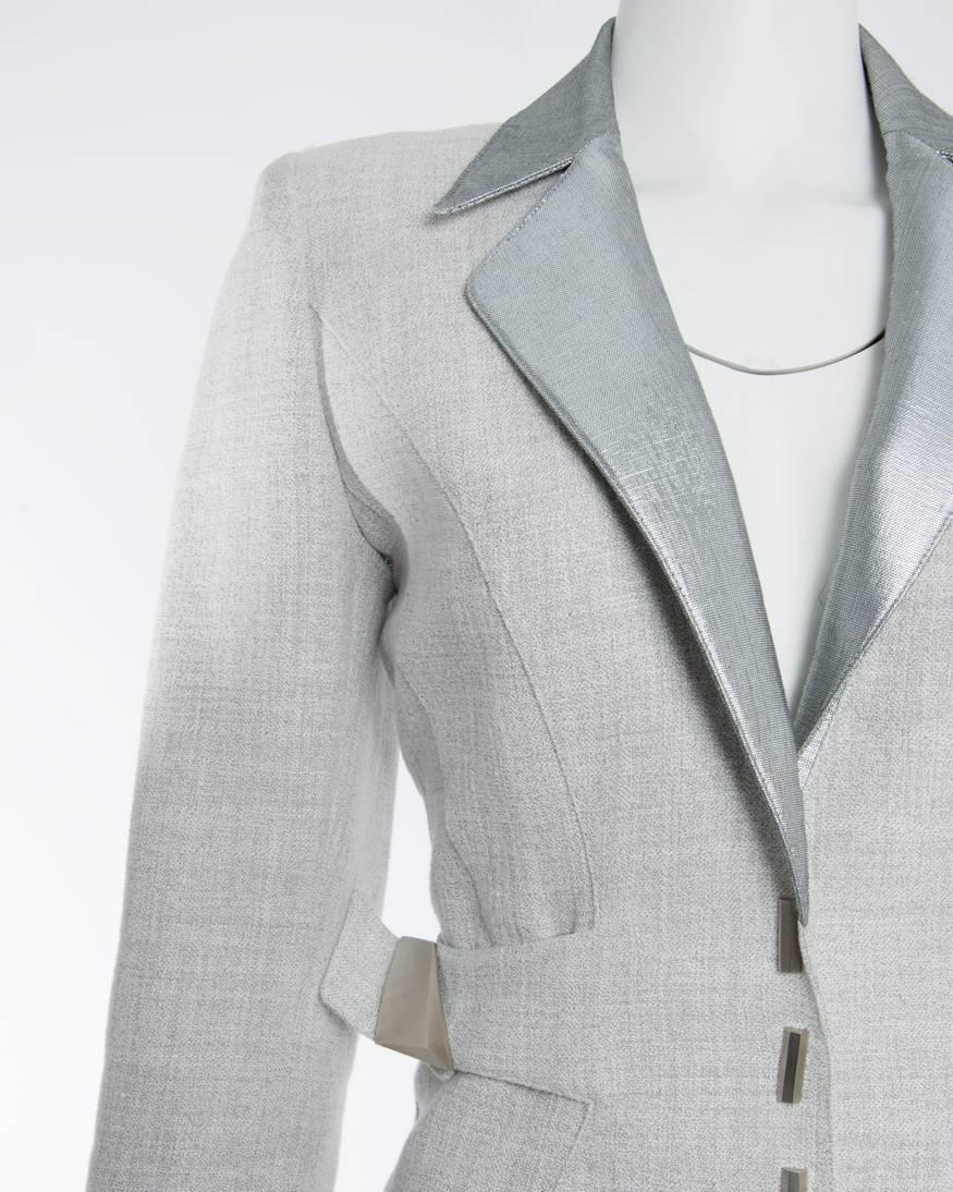 Thierry Mugler Couture Vintage Grey and Silver Linen Skirt Suit, 1990s   In Excellent Condition In Toronto, ON