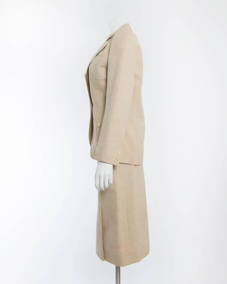 Beige Vintage Hermes 1970’s Natural Linen Skirt Suit 