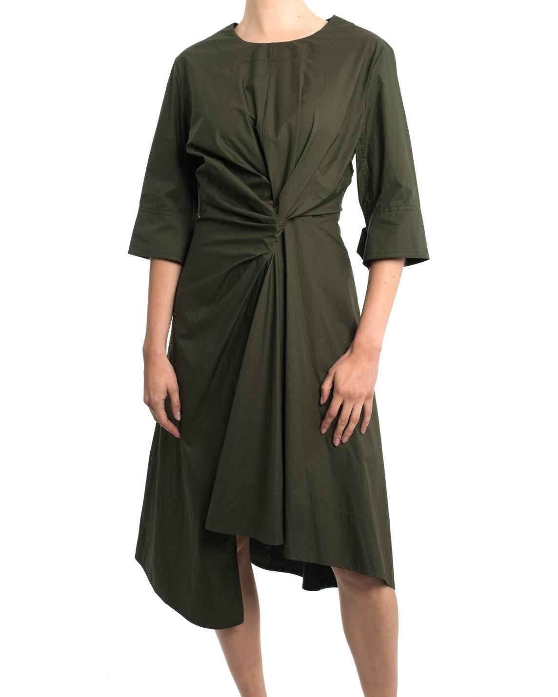 Marni olive green cotton knotted dress with asymetrical hem. Rounded neckline, ¾ length sleeve, centre back zipper.  Marked size IT44 (USA 8).  Garment to fit 35” bust, garment waist 30”,  garment hip is semi-full and recommended for about 38-39”