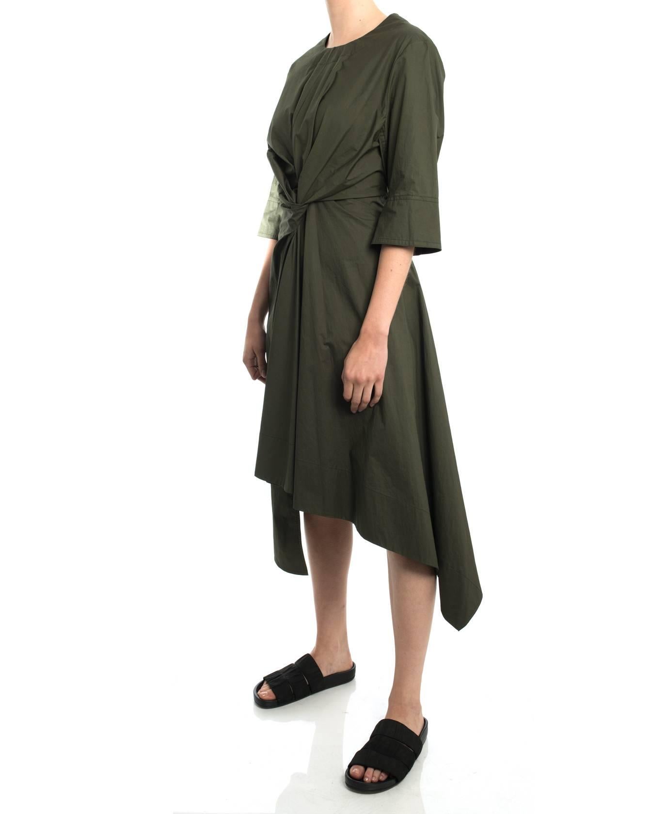 Black Marni Olive Green Cotton Knotted Dress with Asymetrical Hem - 8