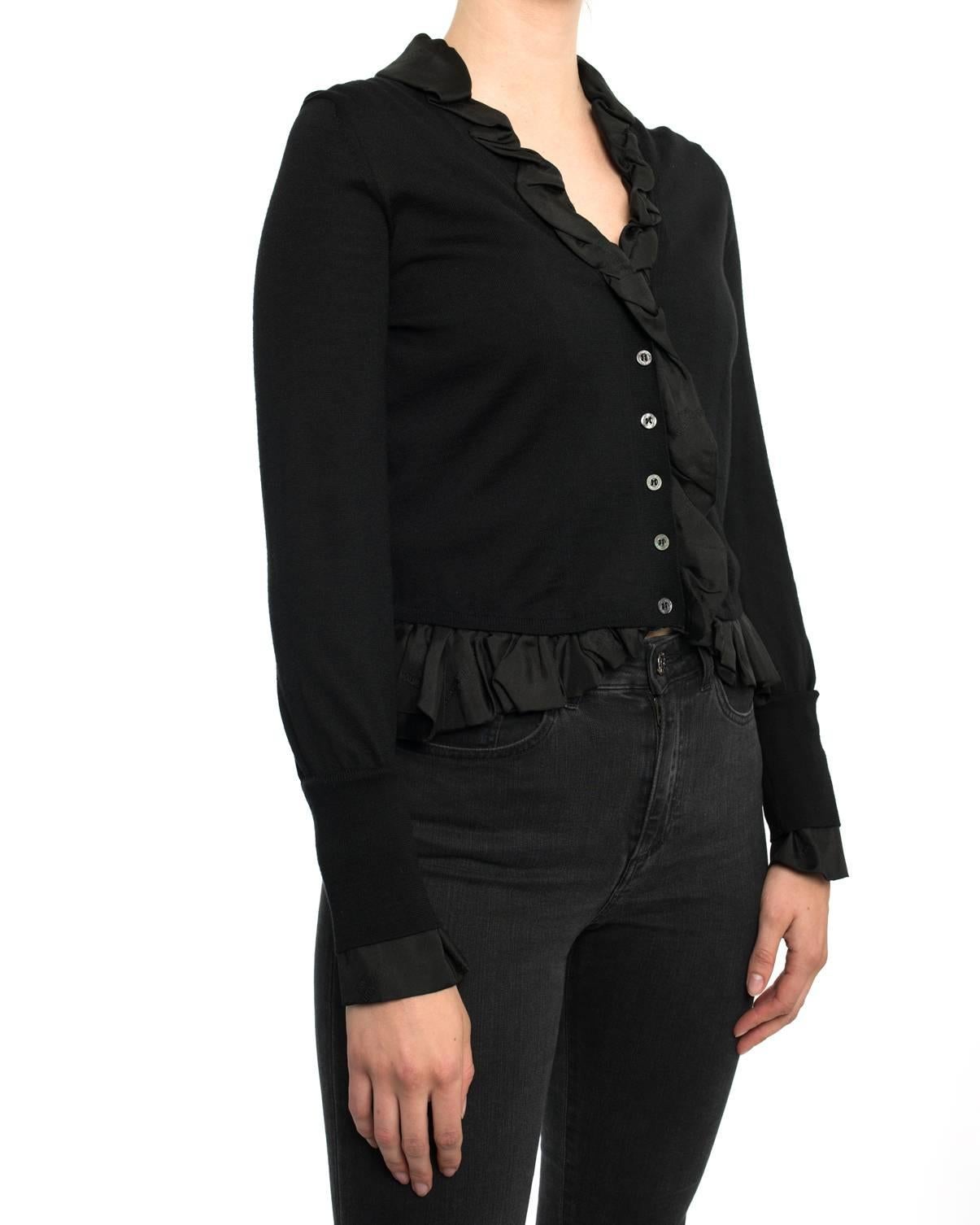 Louis Vuitton Black Wool Cardigan with Silk Jacquard Ruffle Trim - S In Excellent Condition In Toronto, ON