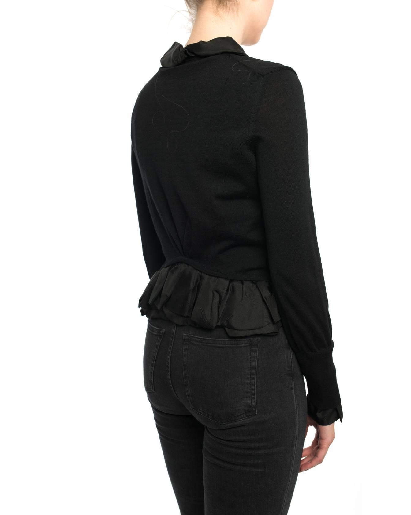 Women's Louis Vuitton Black Wool Cardigan with Silk Jacquard Ruffle Trim - S