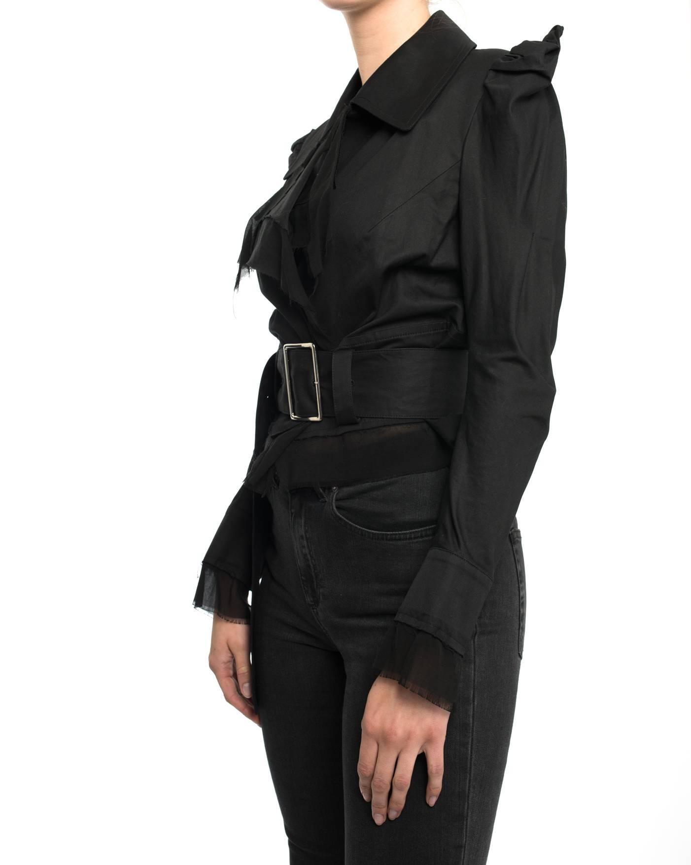 Yohji Yamamoto Black cotton belted jacket with sheer chiffon raw edge trim.  Puff shoulders, wrap front that fastens with belt, zippered cuffs, side slits.  100% cotton body and 60% cupro / 40 cotton chiffon trim.  Marked size Yohji 1 (fits USA 4 /