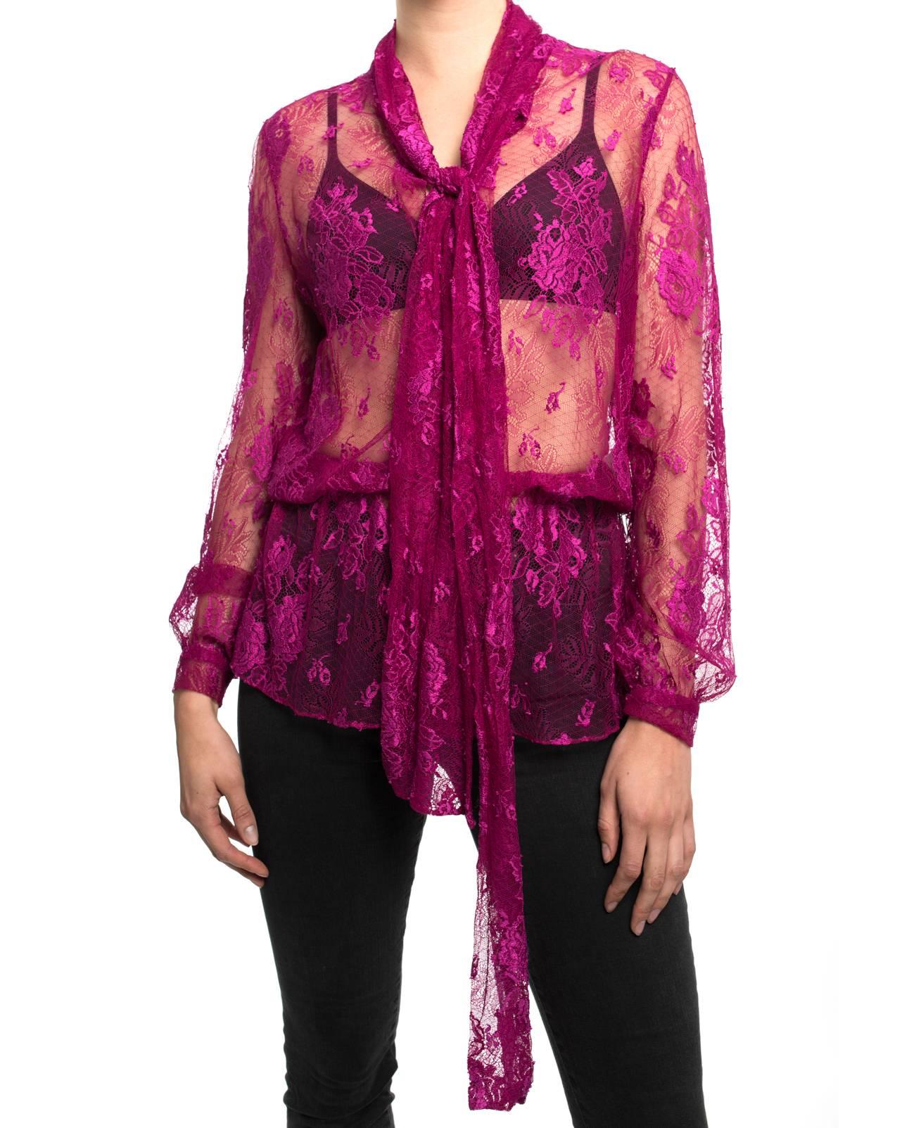 Balenciaga Pre-fall 2017 Runway fuchsia lace blouse.   Pussy bow neck, covered buttons down centre front and at cuffs, oversized blouson style fit.  Fully sheer garment shown pictured with bra. Marked size FR38 (USA 6).  Measures 40” at bust and is