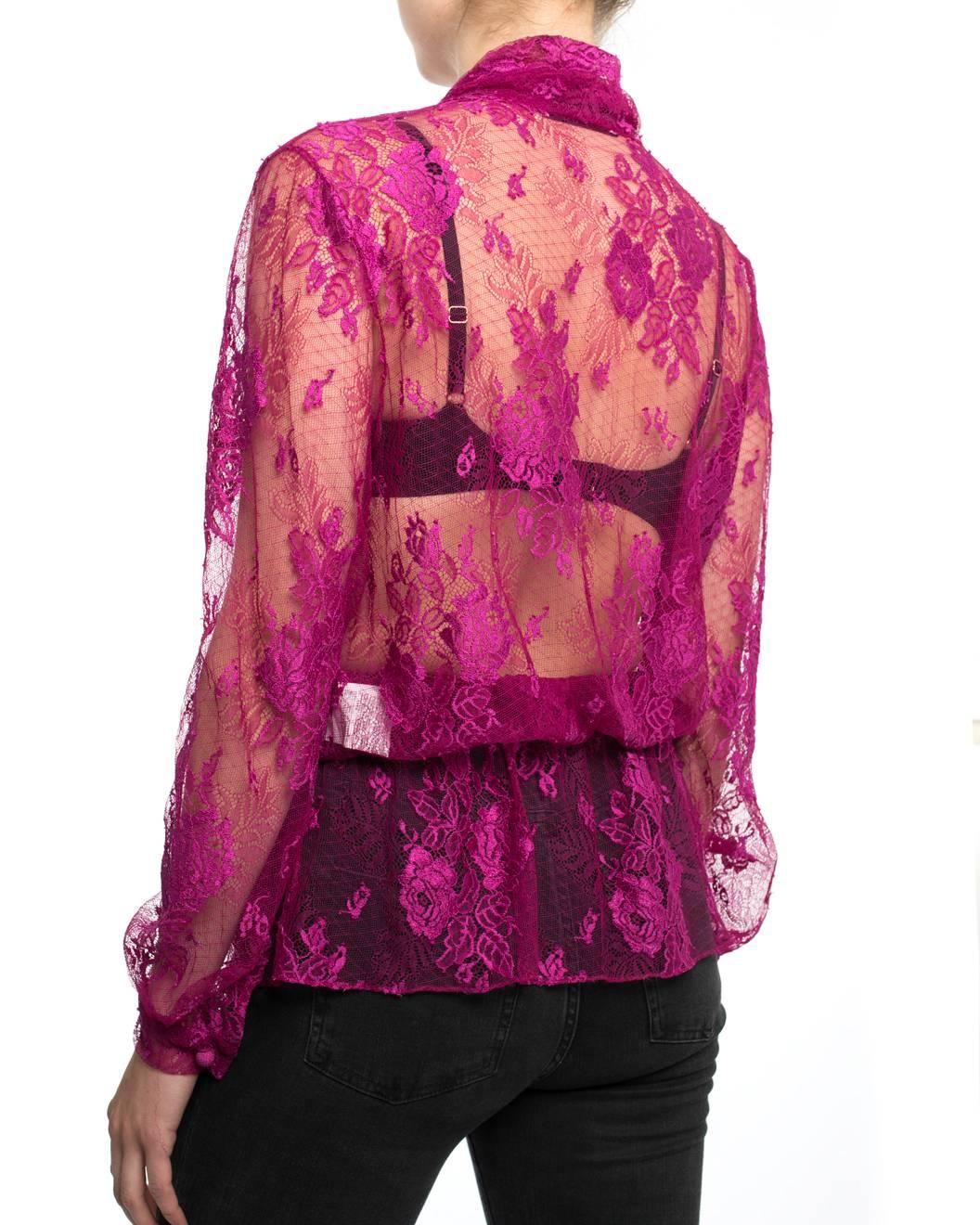 Balenciaga Pre-fall 2017 Fuchsia Lace Blouse with Neck Ties - 6 In Excellent Condition In Toronto, ON