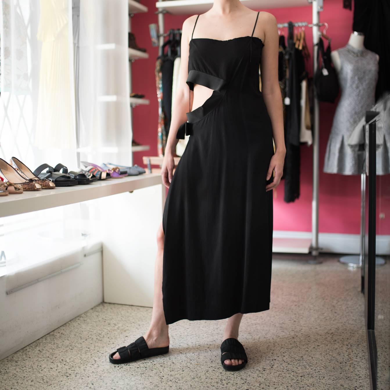 Women's Yohji Yamamoto 2004 Black Long Column Dress with Cut out Waist Design