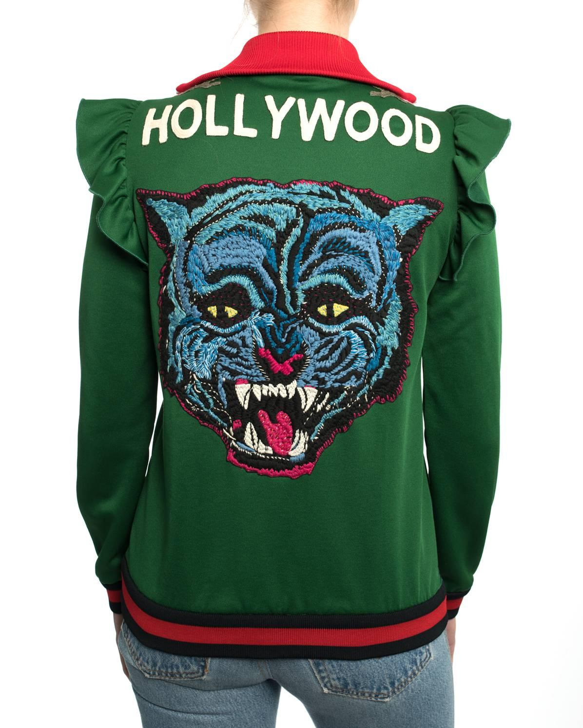 Black Gucci Pre-Fall 2017 Green Zip Front “Hollywood” Tiger Track Jacket - S