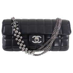 Chanel Chocolate Bar Black Leather Flap Bag with Silver Bead Chain