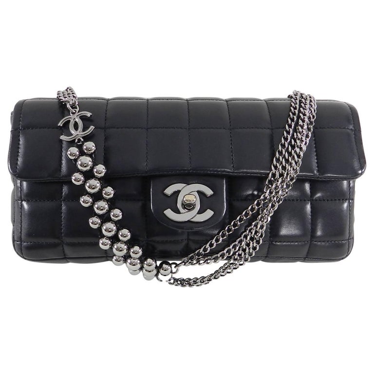 Chanel Chocolate Bar Black Leather Flap Bag with Silver Bead Chain at  1stDibs