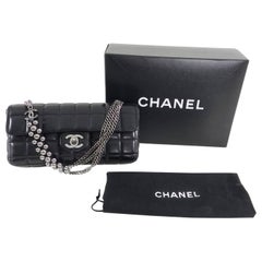 Chanel Chocolate Bar Black Leather Flap Bag with Silver Bead Chain