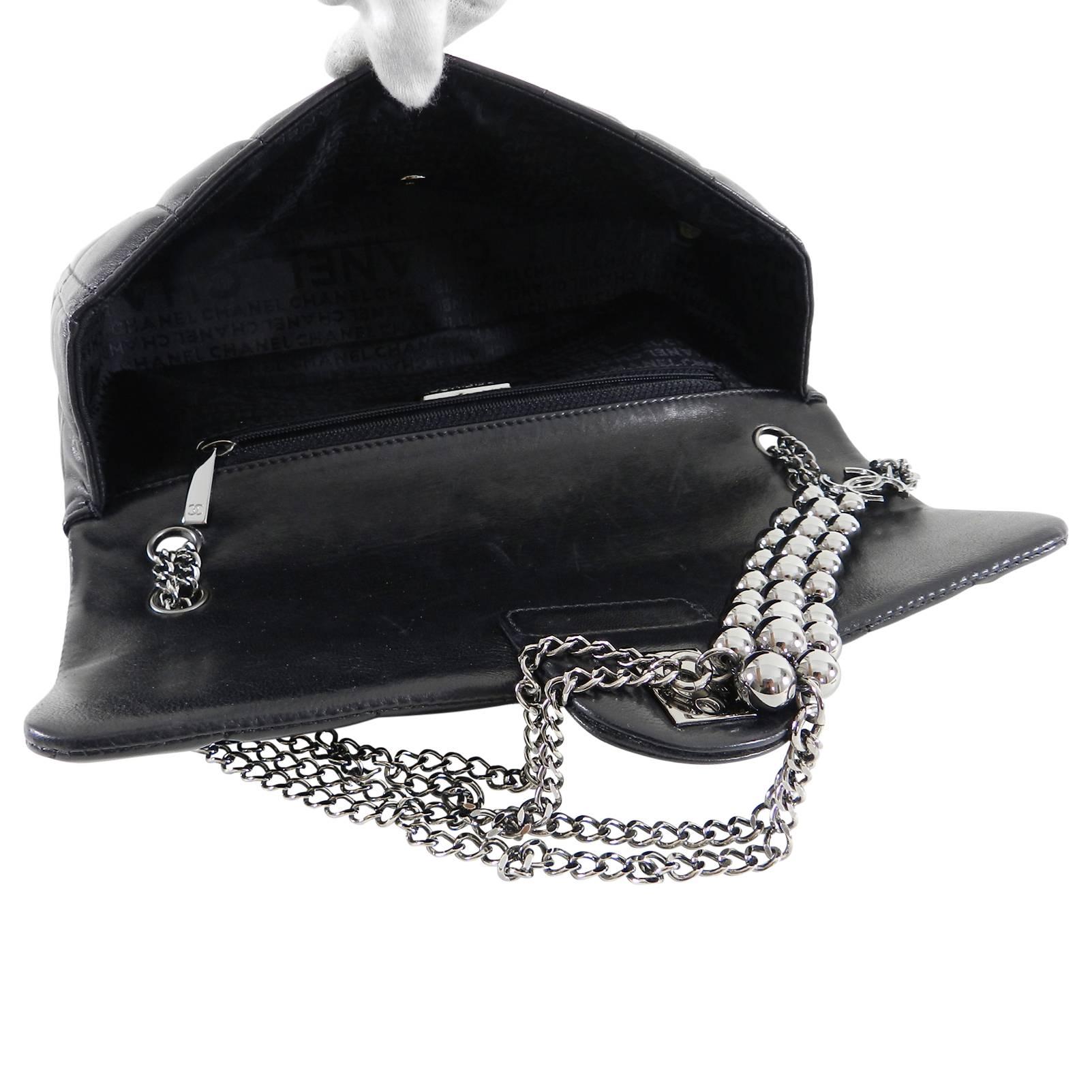 Chanel Chocolate Bar Black Leather Flap Bag with Silver Bead Chain 2