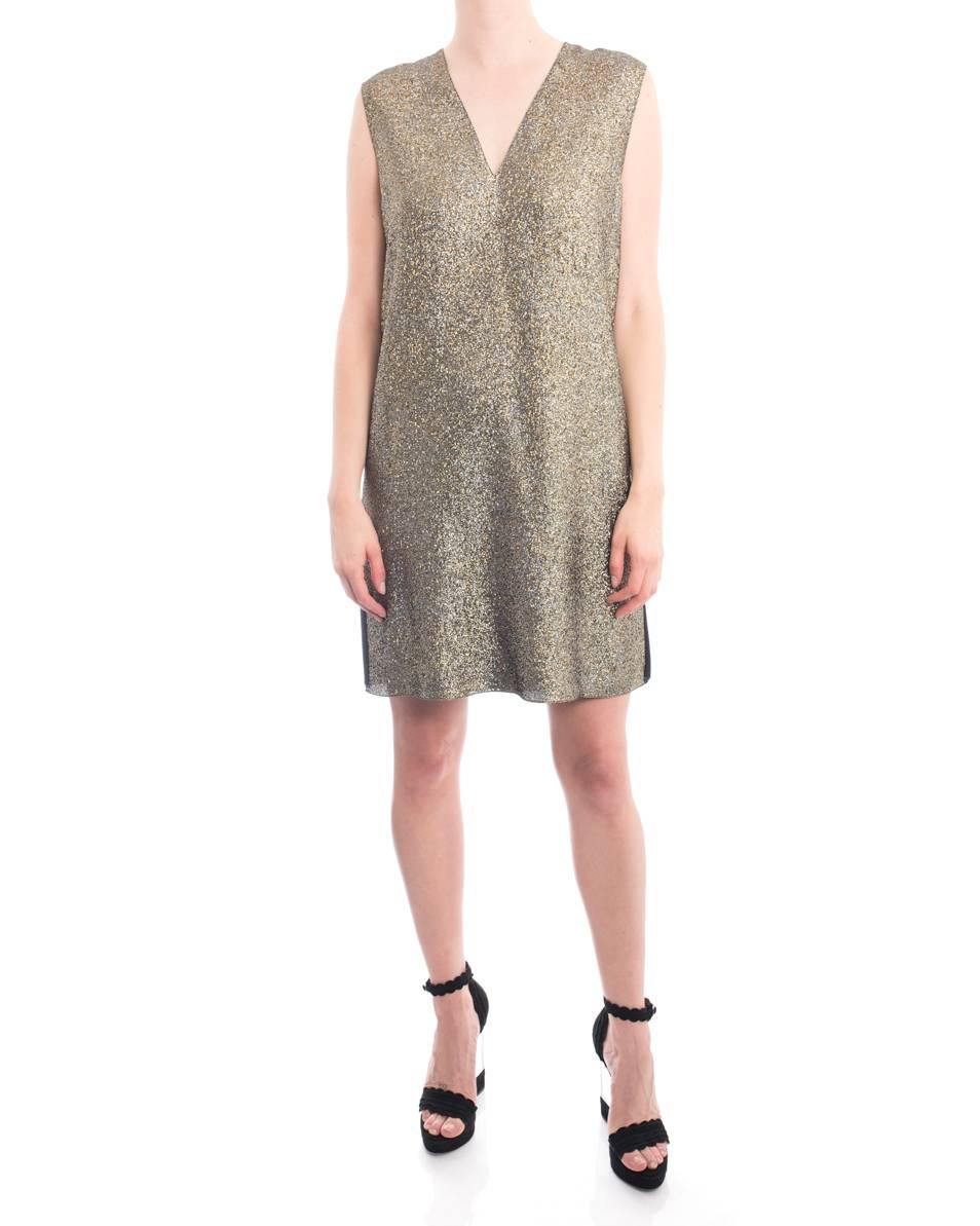 Lanvin Silver/ Gold Lamé Shift Dress with Silk Sheer Back from the Spring summer 2017 collection. Features deep cut v neckline, straight cut body, sheer upper back. Marked size FR 38 (USA 6). Garment bust measures 36” and is recommended to be worn