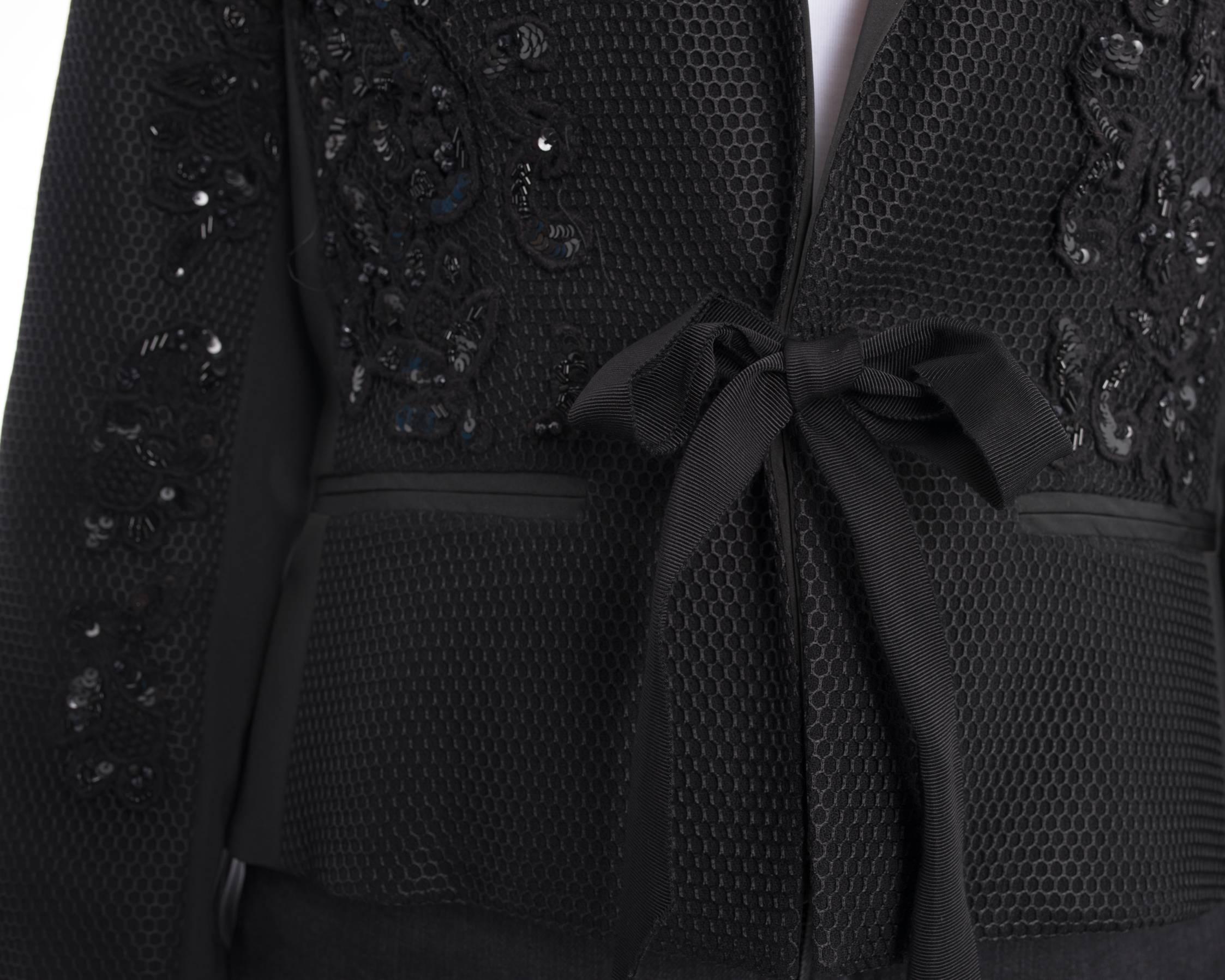 Women's Oscar De La Renta SS 2016 Black Sequin Mesh Applique Evening Jacket - 8