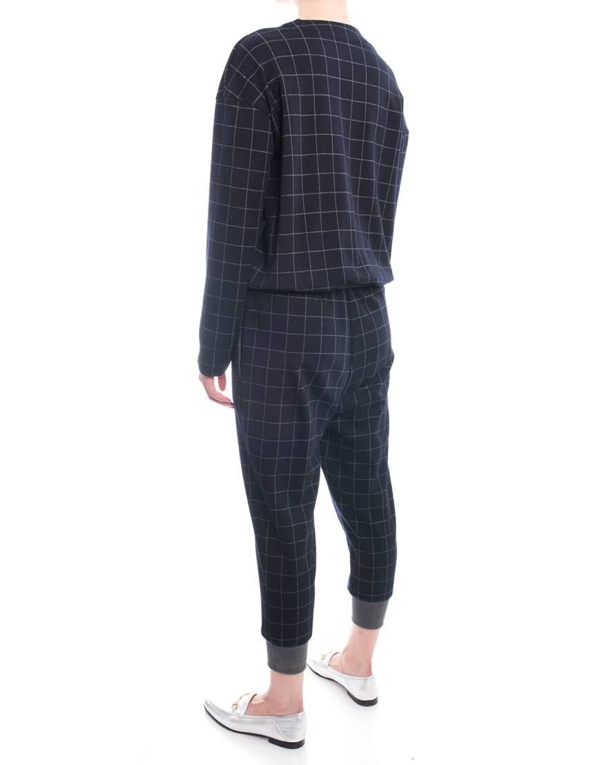 Brunello Cucinelli Navy Wool Check Jumpsuit with Grey Cuffs - M In Excellent Condition In Toronto, ON