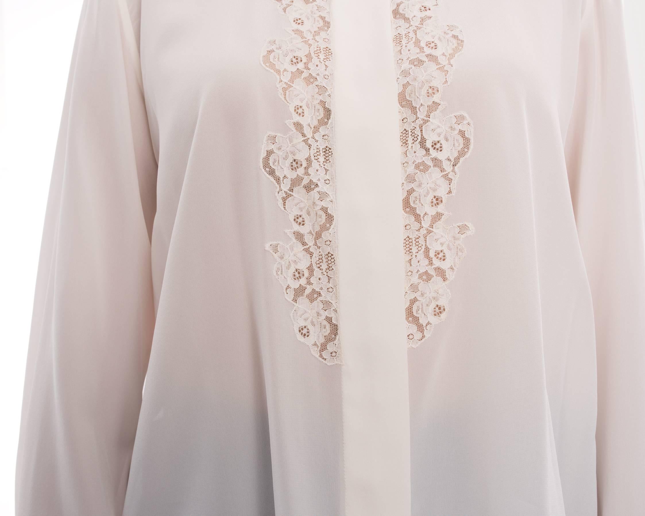 Chloe Milk White Silk Blouse with Lace Inset.    Hidden buttons down centre front, french cuffs, lace inset detail. Marked size FR40 (USA 8). Garment bust measures 40” and is recommended to be worn by 35-36” bust person.  Garment hip measures 45”