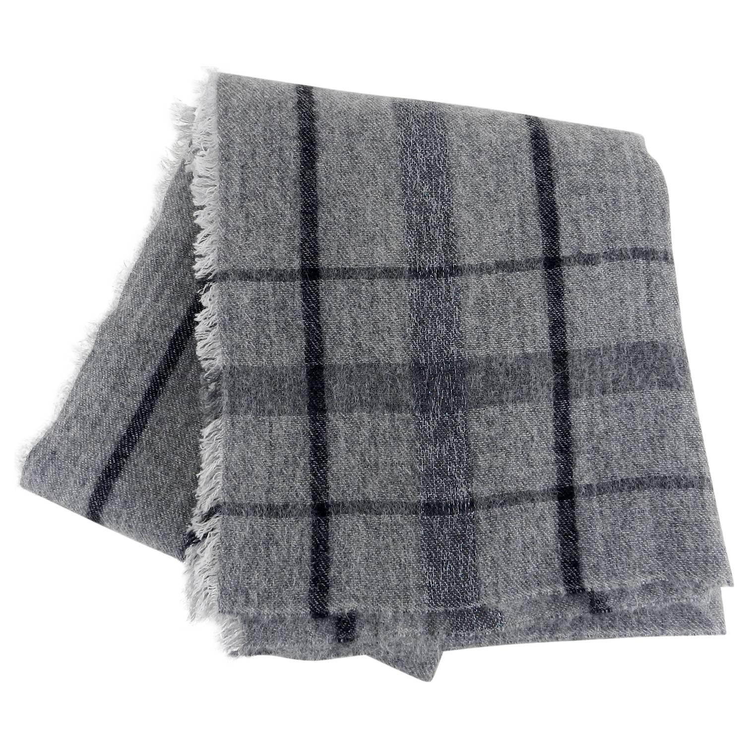Brunello Cucinelli Grey Large Square Check Cashmere Shawl Wrap.  Medium dove grey with darker grey check pattern and fine silver metallic thread design. Material content tag is missing but is likely 88% cashmere with some mohair blend.  Excellent