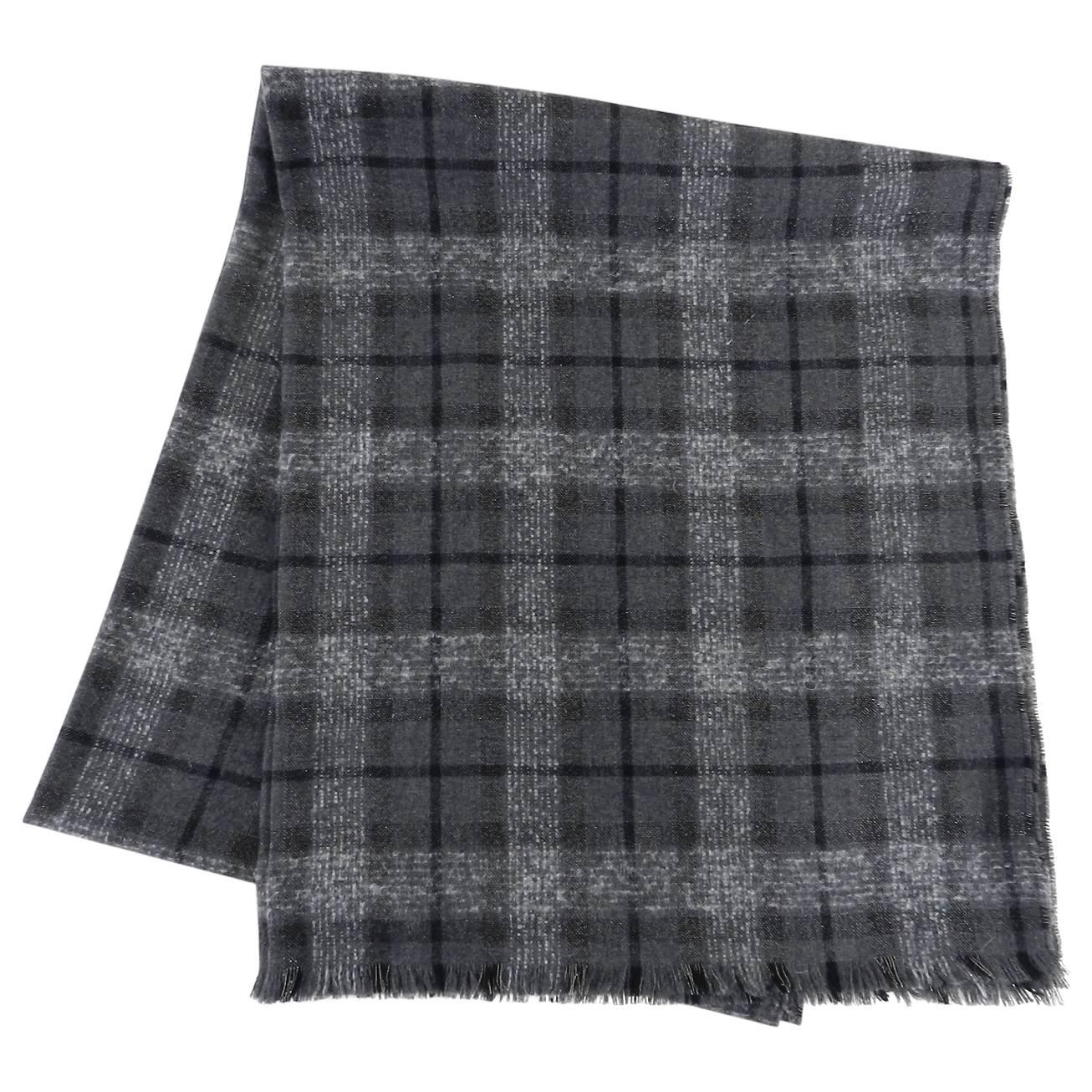 Brunello Cucinelli Charcoal Grey Check Large Rectangular Shawl Scarf.  Charcoal grey with black and very fine silver metallic threaded accents. 88% cashmere, 6 alpaca, 4 cupro, 1 polyester, 1 polyamide. Rectangular format.  Measures 78” x 33”.
