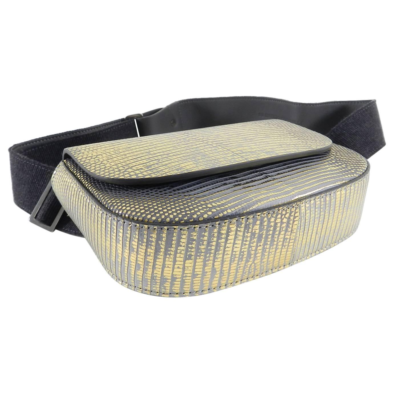 Brown Brunello Cucinelli Gold Metallic Lizard Waist Belt Bag