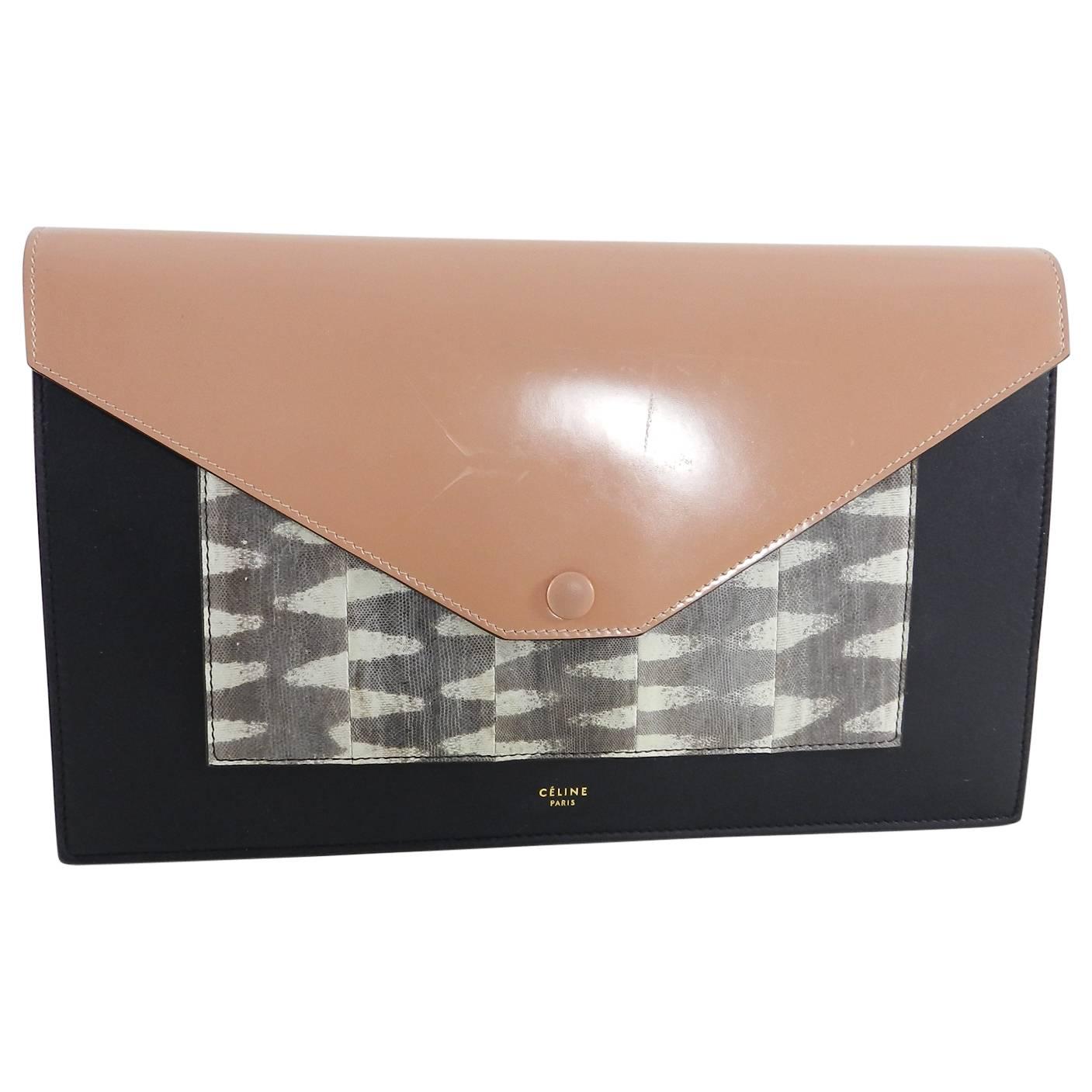 Celine Tricolor Nude and Lizard Pocket Envelope Clutch Bag.  Glossy nude color top flap, black leather body, and lizard skin front pocket.  Closes with gold metal snap and has removable long chain strap. Interior is lined with soft calfskin leather