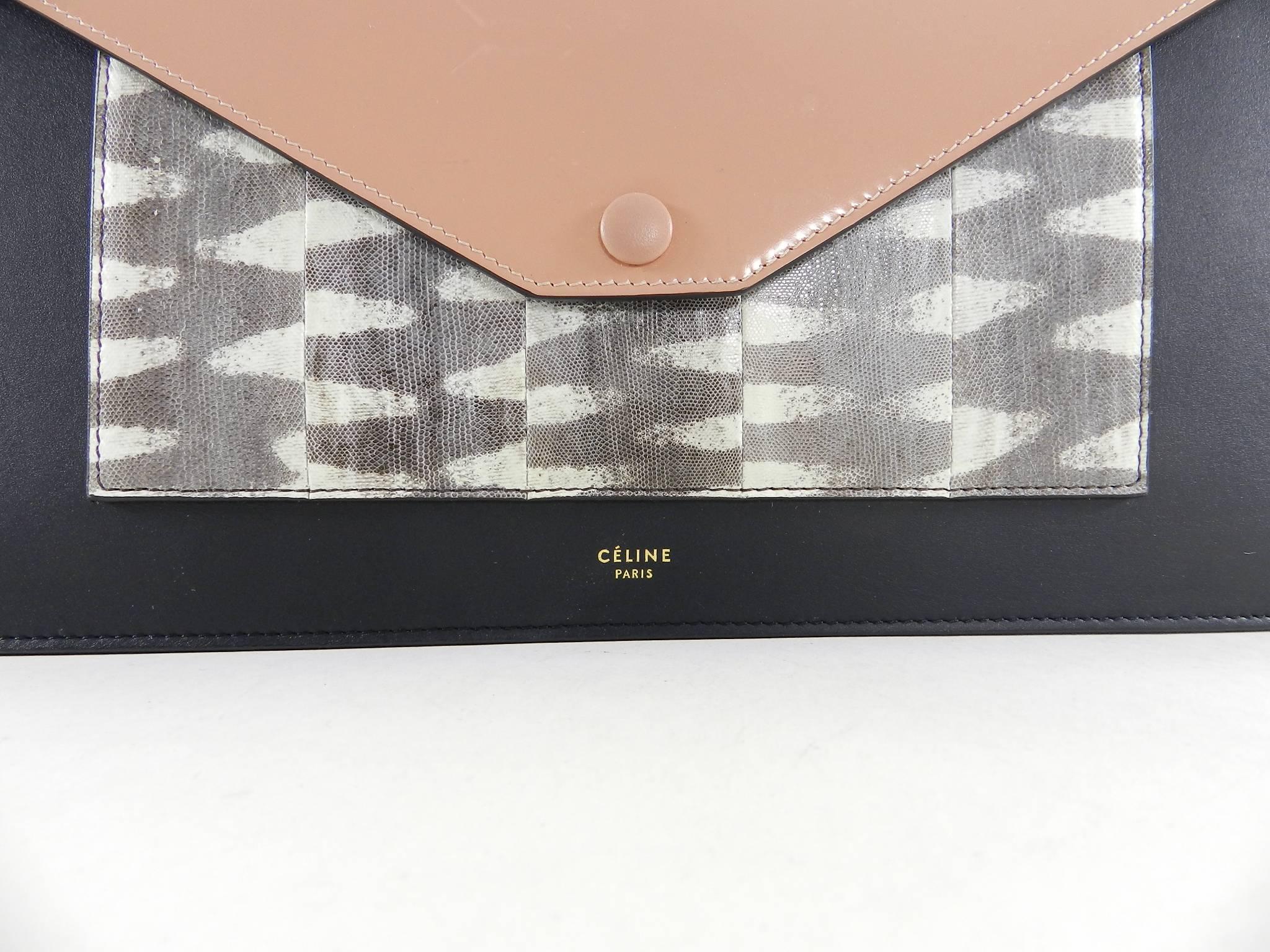 Beige Celine Tricolor Nude and Lizard Pocket Envelope Clutch Bag