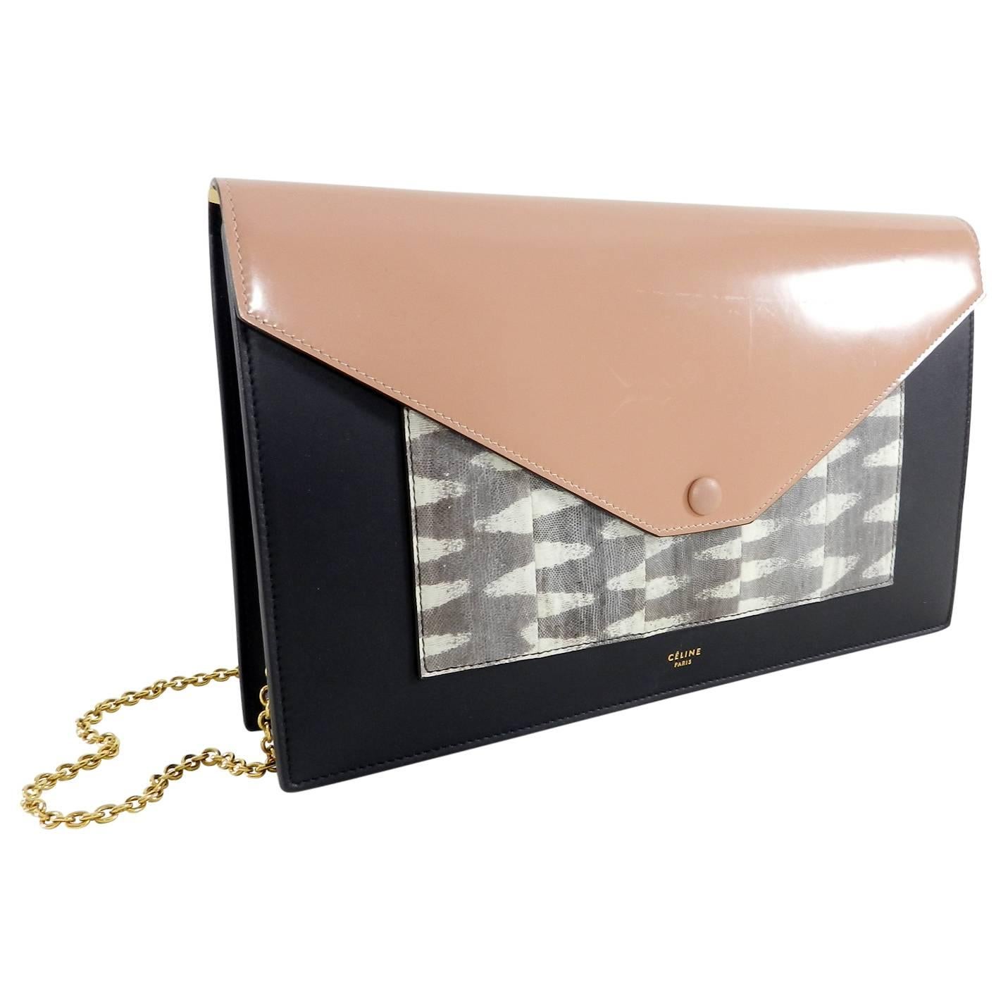 Celine Tricolor Nude and Lizard Pocket Envelope Clutch Bag In Excellent Condition In Toronto, ON