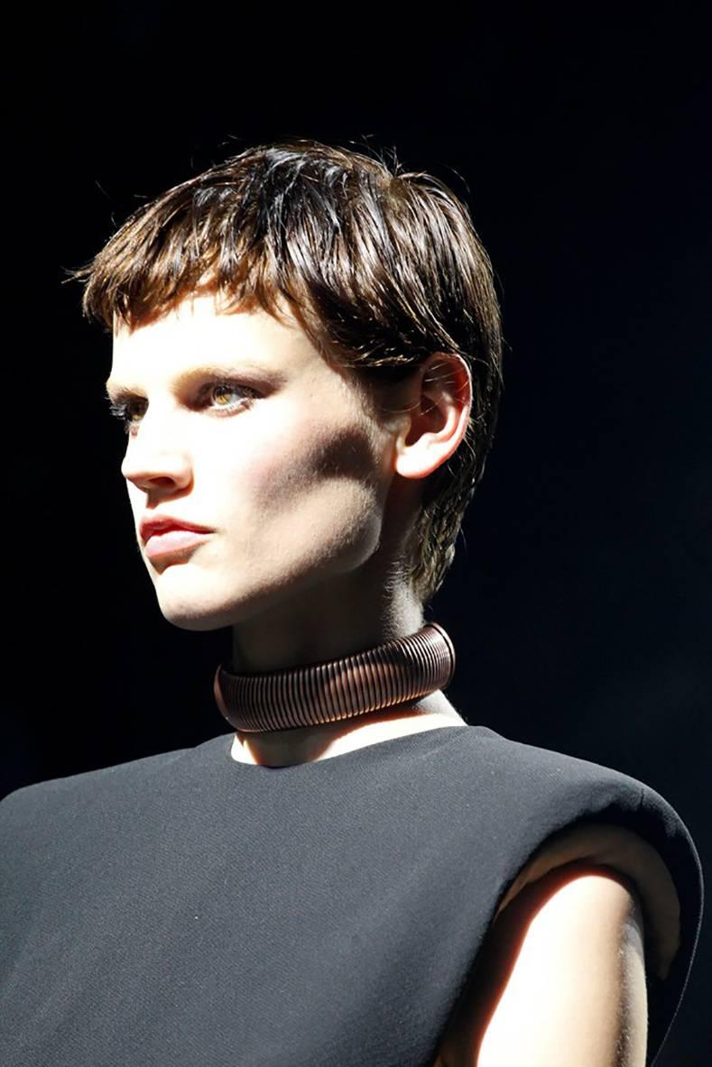 Lanvin Spring 2012 Ruway Gold Metal Choker Necklace.  Thick omega chain with black grosgrain ribbon ties.  Measures 1-⅛” wide and length is adjustable with ties. 