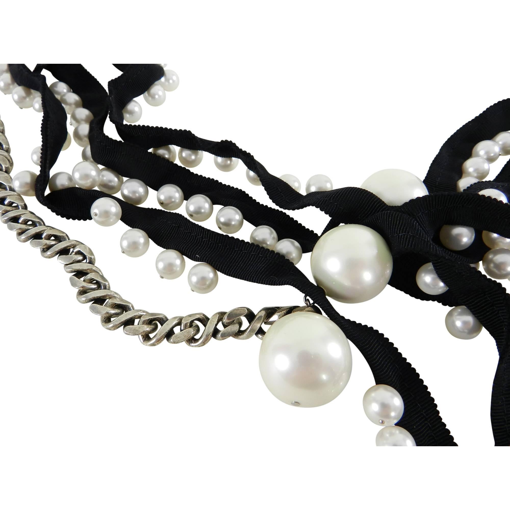 Women's Lanvin Pearl and Ribbon Chain Necklace with Rhinestones