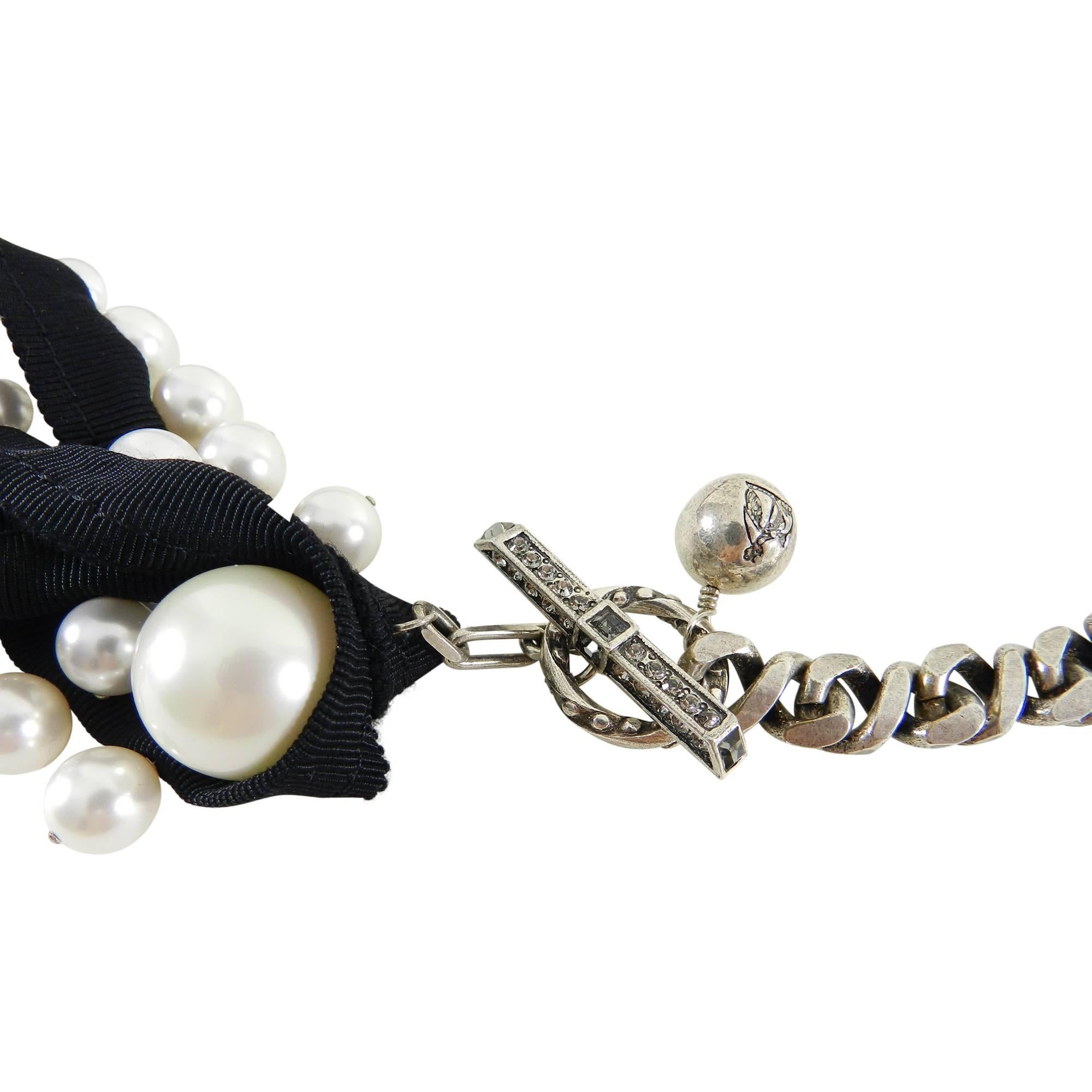 Lanvin Pearl and Ribbon Chain Necklace with Rhinestones 1