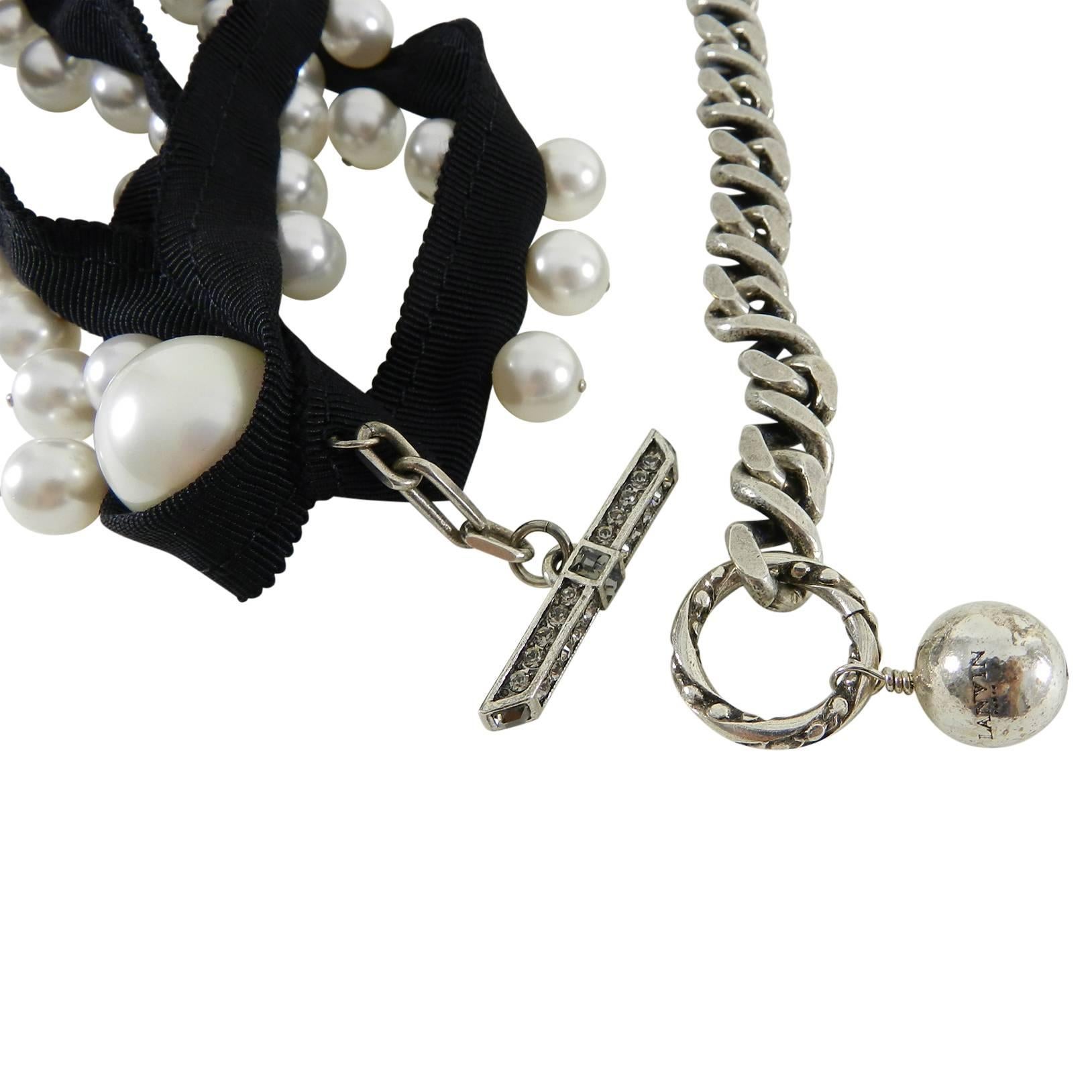 Lanvin Pearl and Ribbon Chain Necklace with Rhinestones 2