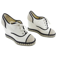 Chanel Ivory and Natural Linen Espadrille Wedge Shoes - 37