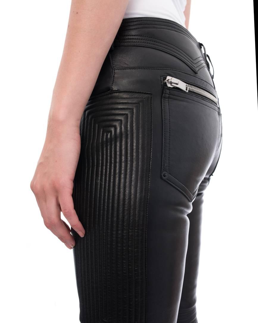 Saint Laurent Unisex Black Leather Zipper Motorcycle Jeans Pants - 38 1