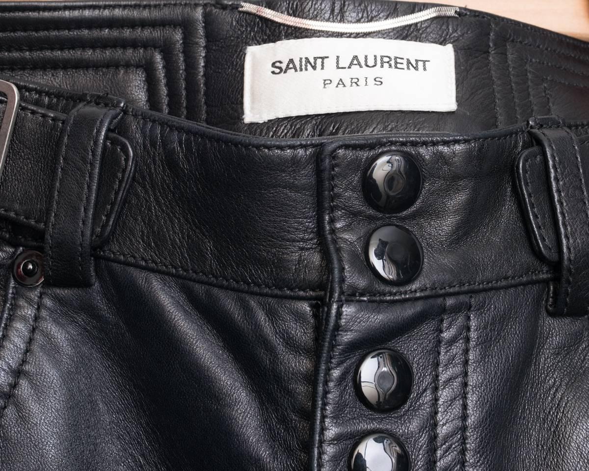 Saint Laurent Unisex Black Leather Zipper Motorcycle Jeans Pants - 38 2