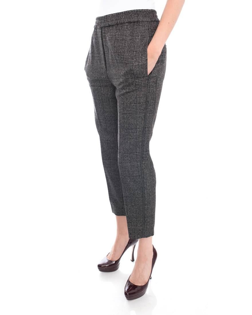 Brunello Cucinelli Dark Brown Wool Check Trousers with Bead Trim.  Original retail $1875 CAD. Elastic waist, mock fly, side hip pockets on seam, cropped and tapered design.  Model is 5’10” tall.  Marked size IT 42 (USA 6).  Garment waist is 29.5”
